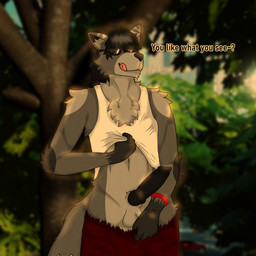 anthro black_hair chest_tuft city city_background clothed clothing clothing_lift dialogue erection eyewear genitals glasses hair knot knotted_penis looking_at_viewer male partially_clothed penis plant shirt shirt_lift solo tank_top teasing text tongue tongue_out topwear tree tuft underwear underwear_down wristband earthwormgd earthy canid canine fox mammal 1:1 english_text hi_res