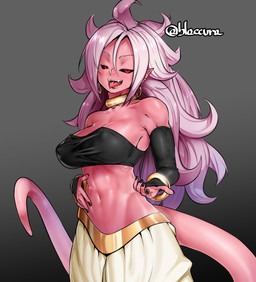 abs arm_warmers armwear black_nails black_sclera clothing colored_nails ear_piercing fangs female grey_background hair half-closed_eyes humanoid_pointy_ears long_hair looking_at_viewer muscular muscular_female muscular_humanoid nails narrowed_eyes navel nipple_outline not_furry open_mouth piercing pointy_ears red_eyes simple_background solo teeth tongue tongue_out white_hair blaccura dragon_ball dragon_ball_fighterz android_21 majin_android_21 alien alien_humanoid humanoid majin 2018 hi_res signature