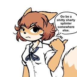 annoyed anthro brown_hair clothing collared_shirt countershading dress_shirt ears_down eyebrows female female_anthro gesture hair hand_gesture insult insulting_viewer neck_ribbon pivoted_ears pointing pointing_away pointing_with_thumb rolled_up_sleeves shirt simple_eyes solo tail talking_to_viewer text topwear white_clothing white_dress_shirt white_eyebrows white_shirt white_topwear unknown_artist bully_fox canid canine fox mammal 1:1 english_text