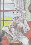 anthro bottomwear breast_grab breasts clothed clothed_anthro clothing clothing_lift female fingering fingering_self hand_on_breast looking_away masturbation partially_clothed sitting skirt skirt_lift solo vaginal vaginal_fingering victorian window hym_(artist) canid canine canis mammal wolf traditional_media_(artwork)