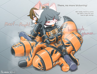 anthro arms_tied ball_gag bdsm bickering binder_(restraint) blush blush_lines bondage bound clothed clothing duo edging forced gag gagged latex latex_clothing latex_skinsuit legs_tied male male/male muffled null_bulge offscreen_character prison prison_uniform restraints sex_toy skinsuit spread_legs spreading straitjacket text text_on_clothing tight_clothing vibrator wand_vibrator hiconnen hicon roa_(nightmareroa) domestic_cat felid feline felis mammal english_text hi_res