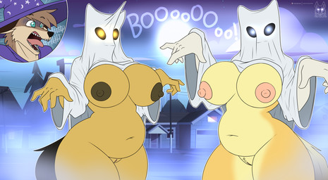 anthro areola belly big_areola big_breasts black_hair black_tail bloated blonde_hair blue_eyes breasts brown_body brown_fur brown_nipples butt canine_teeth cleavage clothed clothing costume covered_face female female_focus fur genitals ghost_costume glowing glowing_eyes group hair halloween_costume hat headgear headwear holidays horn light looking_at_viewer male moonlight navel night nipples nude pink_nipples pubes screaming tail thick_thighs trio unicorn_horn vulva white_arms wide_hips wizard_hat wizard_robe yellow_body yellow_eyes yellow_tail tacticalfur halloween mythology amber_steel flynt_havock raya_de_la_cruz_(whitetail-designs) canid canine canis coyote equid equine ghost mammal mythological_creature mythological_equine spirit unicorn hi_res