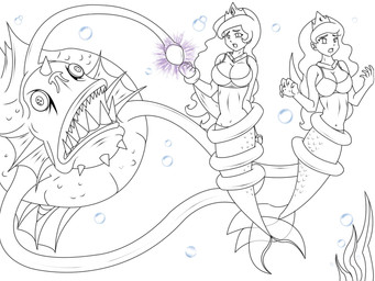 abs alternate_species ambiguous_gender bikini bikini_top breasts cleavage clothed clothing crown empty_eyes female feral fish_tail glowing_lure group headgear hypnosis imminent_vore lure_(anatomy) mind_control navel open_mouth restrained_arms seaweed sharp_teeth simple_background small_waist split_form swimwear teeth tentacle_around_body tentacle_around_wrist tentacles trio two-piece_swimsuit underwater water white_background dlobo777 friendship_is_magic hasbro my_little_pony princess_celestia_(mlp) princess_luna_(mlp) anglerfish aquatic fish humanoid_merfolk merfolk sea_monster 2014 4:3 greyscale hi_res line_art monochrome sibling_(lore) sister_(lore) sisters_(lore)