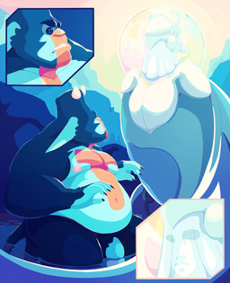 bared_teeth belly big_belly blue_body blue_ears blue_fur blue_penis blue_pubes blue_tail cutaway duo flaccid fur genitals humanoid_pointy_ears male male_humanoid markings moobs navel nipples nude obese obese_humanoid obese_male outside overweight overweight_humanoid overweight_male partially_submerged penis pink_nipples pointy_ears pubes red_markings tail teeth chocolateandmilk humanoid hi_res