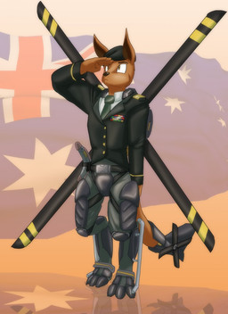 aircraft anthro clothing cybernetics flag flag_background gesture helicopter machine male military_hat military_uniform salute solo uniform vehicle toughset skip_(kangaroo) cyborg kangaroo macropod mammal marsupial hi_res