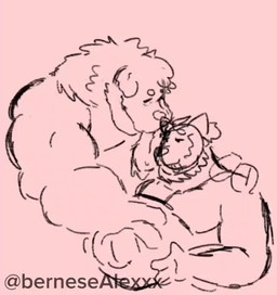 anthro belly big_belly bodily_fluids body_hair chest_hair face_lick fur genital_fluids licking male male/male musclegut muscular muscular_male obese overweight overweight_anthro overweight_male tongue tongue_out bernesealexxx canid canine canis domestic_dog mammal animated animated_gif short_playtime
