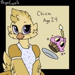 anthro apron beak candle clothing eyebrows female food fur lit_candle orange_beak plate purple_eyes solo yellow_body yellow_eyes yellow_fur pegacousin five_nights_at_freddy's scottgames chica_(fnaf) cupcake_(fnaf) avian bird chicken food_creature galliform gallus_(genus) phasianid 1:1 2022 digital_media_(artwork) model_sheet