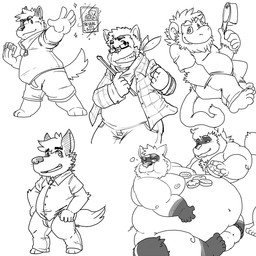 anthro belly biped bottomwear clothing dessert doughnut duo eyewear feeding food glasses humanoid_hands male moobs multiple_poses nipples obese obese_male overweight overweight_male pastry pose shirt shorts sitting solo topwear fatyogi canid canine canis domestic_dog haplorhine mammal monkey primate procyonid raccoon 1:1 2015 monochrome