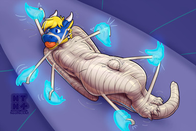 anthro arms_tied ball_gag blue_body blue_skin bound bulge disembodied_hand fully_bound gag ghost_hand hands_behind_back horn legs_tied legs_together male mummification null_bulge solo tail tail_tied wings_tied wraps yellow_body yellow_skin neatnick mythology dragon mythological_creature mythological_scalie scalie blue eyes absurd_res hi_res