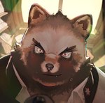 anthro badge blush bodily_fluids brown_body brown_fur clothed clothing fangs fur high_school kemono light looking_at_viewer male school school_uniform smile solo sunlight sweat teeth topwear uniform viewed_from_above 7gaku_7 canid canine mammal raccoon_dog tanuki hi_res