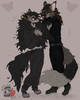 3_toes anthro arm_tattoo belt biped black_bottomwear black_clothing black_ear_piercing black_inner_ear black_pants blush bottomwear clothing dreadlocks duo ear_piercing facial_piercing feet footwear fur gold_ear_piercing grey_body grey_fur hair hand_holding heart_symbol long_hair male male/male markings midriff nose_piercing one_eye_closed pants piercing pink_inner_ear pink_nose red_eyes red_nose shirt shoes standing striped_markings striped_tail stripes tail tail_markings tattoo tied_shirt toes topwear unbuttoned_shirt yellow_eyes appledpie alexander_(huf13) ezekiel_rudenberg canid canine felid feline mammal hi_res watermark