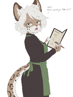 anthro apron asking_viewer bangs brown_body brown_fur clothed clothed_anthro clothed_female clothing eyebrows eyelashes female female_anthro fully_clothed fully_clothed_anthro fully_clothed_female fur grey_eyes hair holding_object holding_pen looking_at_viewer looking_back looking_back_at_viewer menu open_mouth pen pupils raised_eyebrow rear_view simple_background standing talking_to_viewer text waiter waitress_uniform white_hair eneki_sei cheetah felid feline mammal 2026 3:4 chinese_description colored detailed digital_drawing_(artwork) digital_media_(artwork) english_text flat_colors hi_res portrait three-quarter_portrait