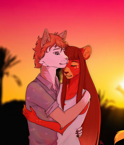 anthro blurred_background clothed clothing duo eyes_closed female fur glistening glistening_eyes grey_clothing grey_topwear hair hug male male/female orange_body orange_fur orange_hair outside pupils red_body red_fur red_hair slit_pupils sunset topwear white_body white_clothing white_fur white_topwear famir domestic_cat felid feline felis mammal species_request hi_res