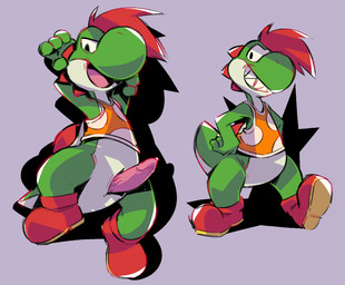 4_fingers animal_genitalia anthro boots bottomless clothed clothing erection fingers footwear genital_slit genitals hair male multiple_poses penis pose red_boots red_clothing red_footwear red_hair sharp_teeth shoes simple_background solo teeth toony vein veiny_penis flookz mario_bros mythology nintendo paper_mario paper_mario:_the_thousand_year_door the_great_gonzales_jr dinosaur dragon green_yoshi mythological_creature mythological_scalie prehistoric_species reptile scalie yoshi 2026 digital_media_(artwork) hi_res multiple_images