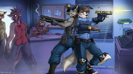 anthro back_to_back belt black_hair black_nose blood bodily_fluids bottomwear breasts bulletproof_vest clothed clothed_anthro clothed_female clothed_male clothing female fur grey_body grey_fur group gun hair handgun hat headgear headwear male multicolored_body multicolored_fur pants pistol police police_officer police_uniform ranged_weapon shooting shotgun two_tone_body two_tone_fur uniform weapon white_body white_fur angrycontra lawrence_grayson terrie_montoya canid canine canis domestic_dog fox mammal undead zombie 16:9 hi_res widescreen