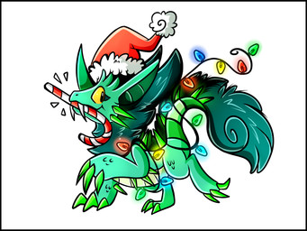 4_fingers black_border border candy candy_cane christmas_clothing christmas_headwear claws clothing dessert feet feral fingers food green_body green_hair hair hat headgear headwear holidays lights male mane neck_tuft santa_hat sharp_teeth solo tail teeth toes toony tuft dreamtrove christmas retter emerald_dragon 4:3 absurd_res hi_res huge_filesize