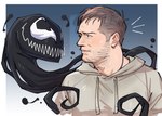 black_body blue_eyes brown_hair clothing duo empty_eyes eye_contact hair hoodie looking_at_another male not_furry smile tendrils topwear kalamariboy marvel eddie_brock venom_(marvel) alien goo_creature human mammal symbiote hi_res