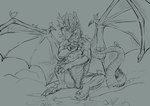 ambiguous_gender claws ear_frill feral frill_(anatomy) group horn membrane_(anatomy) membranous_wings mouth_closed ridged_horn scales sitting tail wing_claws wings khyaber mythology avian dragon mythological_creature mythological_scalie scalie hi_res monochrome sketch