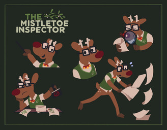 anthro antlers bell bell_collar collar eyewear glasses horn male mistletoe plant red_nose wearing_glasses unknown_artist creative_commons mistletoe_inspector deer mammal new_world_deer reindeer hi_res model_sheet