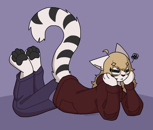 anthro black_body black_fur black_pawpads black_stripes blonde_hair blue_bottomwear blue_clothing blue_jeans blue_pants bottomwear clothing denim denim_bottomwear denim_clothing eyes_closed feet_in_air female fur hair hoodie jeans long_hair lying markings on_front pants pawpads red_clothing red_hoodie red_topwear solo striped_body striped_fur striped_markings striped_tail stripes tail tail_markings topwear white_body white_fur ashblondekittyy ashlyn_(ashblondekitty) domestic_cat felid feline felis mammal trans_(lore) trans_woman_(lore)
