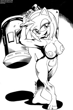 3_toes accessory anthro areola barefoot black_nose bracelet breasts clothing erect_nipples feet female genitals giant_hammer gloves hair hair_accessory hairband half-closed_eyes hands_up handwear head_tuft jewelry looking_at_viewer narrowed_eyes navel nipples short_hair short_tail simple_background smile solo standing tail text toes tuft vulva tiquitoc sega sonic_the_hedgehog_(series) amy_rose eulipotyphlan hedgehog mammal 2023 dated graphite_(artwork) hi_res monochrome signature traditional_media_(artwork) url