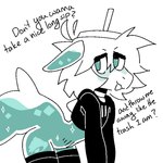 anthro blush clothing degradation dialogue drinking_straw humor legwear liquid male markings self_deprecation simple_background solo stockings sweater talking_to_viewer topwear white_background deceased_bunny baja_blast mountain_dew taco_bell animate_inanimate fish hybrid marine shark 1:1