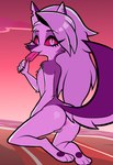 3_toes adolescent anthro anus beach beach_towel butt camel_toe detailed_background feet female flat_chested food genital_outline genitals glistening glistening_butt glistening_hair grey_hair hair holding_food holding_object jewelry kneeling looking_at_viewer looking_back looking_back_at_viewer necklace nipples notched_ear nude outside popsicle popsicle_in_mouth pussy pussy_outline red_sclera solo sunset toes towel water young young_anthro young_female significantother helluva_boss mythology loona_(helluva_boss) canid canid_demon canine demon hellhound mammal mythological_canine mythological_creature 2025 absurd_res hi_res