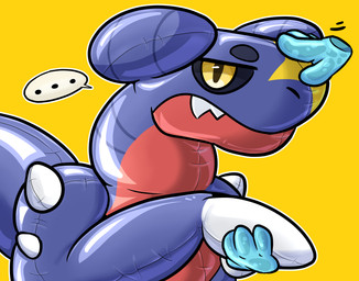 ambiguous_gender angry annoyed disembodied_hand ellipsis frown ghost_hand half-closed_eyes headpat inflatable looking_at_viewer motion_lines narrowed_eyes pool_toy simple_background solo speech_bubble squeakscape nintendo pokemon animate_inanimate garchomp generation_4_pokemon living_inflatable pokemon_(species) hi_res