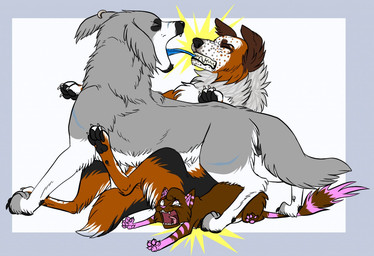 ambiguous_feral ambiguous_gender bared_teeth black_pawpads blue_tongue brown_body brown_fur cheek_tuft eyes_closed facial_tuft fangs feral freckled_face freckles fur grey_body grey_fur group markings neck_tuft open_mouth pawpads pink_eyes simple_background striped_legs striped_markings striped_tail stripes tail tail_markings teeth tongue tongue_out trio tuft white_body white_fur kodaac canid canine canis domestic_cat domestic_dog felid feline felis mammal
