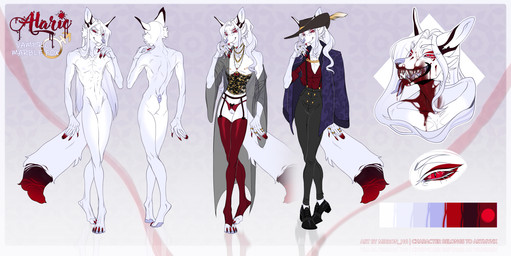 andromorph anthro blood bodily_fluids claws clothing colored_nails corset crotchless_clothing crotchless_panties crotchless_underwear eyeshadow fancy_clothing fangs fur genitals hat headgear headwear intersex jewelry legwear lingerie makeup nails necklace nude open_mouth panties red_eyes red_eyeshadow red_nails smile solo stockings suspenders teeth topwear underwear vulva white_body white_fur bardju canid canine fox mammal vampire hi_res model_sheet