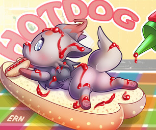 ambiguous_gender barefoot blush bread butt eating feet feral food fur hot_dog ketchup looking_back lying messy micro nude on_front pawpads paws solo spread_legs spreading text b-ern nintendo pokemon canid canine generation_5_pokemon mammal pokemon_(species) zorua 2014 english_text