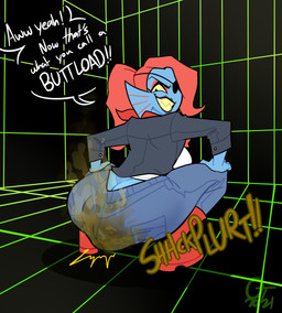 big_butt biped black_background blue_body blue_skin boots bottomwear breasts bubble_butt butt butt_cleavage clothed clothing crouching denim denim_bottomwear denim_clothing dialogue eye_patch eyewear fart fart_cloud fart_fetish feces feces_bulge female fin footwear geometric_background grid_background grin hair hands_on_legs head_fin jacket jeans narrowed_eyes one_eye_obstructed onomatopoeia pants pattern_background pooping rear_view red_hair sharp_teeth shirt shoes simple_background smile smug soiling soiling_pants solo sound_effects speech_bubble stained_pants stink_fumes straining talking_to_self teeth text topwear oddtenn undertale undertale_(series) undyne animal_humanoid aquatic aquatic_humanoid fish fish_humanoid humanoid 2021 digital_media_(artwork) english_text hi_res signature