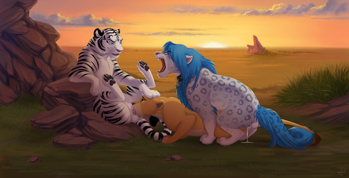 balls blue_hair bodily_fluids cum cum_in_mouth cum_in_vagina cum_inside erection fellatio female feral fur genital_fluids genitals group group_sex hair male male/female nude on_top oral oral_penetration penetration penile penis sex sunset threesome trio reallynxgirl disney the_lion_king kiara_(the_lion_king) felid hybrid leopard lion mammal pantherine tiger hi_res