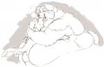 ambiguous_gender anthro belly big_belly chubby_cheeks duo french_kissing hug kissing love_handles male male/ambiguous morbidly_obese obese overweight size_difference standing berlin canid canine canis domestic_dog mammal molosser mountain_dog saint_bernard digital_media_(artwork) monochrome sketch