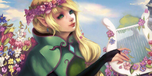 blonde_hair crown female flower green_eyes hair harp headgear humanoid_pointy_ears looking_at_viewer musical_instrument nature not_furry plant plucked_string_instrument pointy_ears solo string_instrument tiara neon_fox elf humanoid