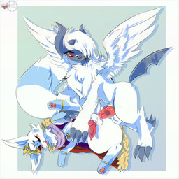 anal anal_penetration balls blue_body blue_fur bracelet cape cheek_tuft claws clothing crown duo facial_tuft feral forehead_gem fur fur_markings gem genitals headgear horn jacket jewelry knot leg_markings looking_down looking_down_at_partner male male/male markings necklace on_ground pawpads penetration penis purple_eyes red_eyes scarf socks_(marking) tail tongue tongue_out topwear tuft white_body white_fur wings lovespell nintendo pokemon alex_(ah095) blu_shiru_(lilacmonarch) canid generation_6_pokemon infineon mammal mega_absol mega_evolution pokemon_(species) 1:1 absurd_res hi_res nonbinary_(lore) trans_(lore)