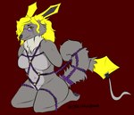 anthro bdsm bondage bound eyewear female glasses hands_behind_back kneeling kneeling_on_ground restraints rope rope_bondage rope_harness solo tail tail_tied nintendo pokemon kyn_skyther canid canine canis eeveelution generation_1_pokemon hybrid jolteon mammal pokemon_(species) wolf hi_res