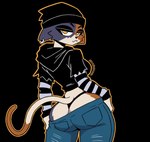 anthro big_butt black_background black_clothing black_hat black_headwear black_hoodie black_nose black_thong black_topwear black_underwear blue_bottomwear blue_clothing blue_jeans blue_pants bottomwear breasts brown_body brown_fur butt butt_cleavage cheek_tuft clothing denim denim_bottomwear denim_clothing dipstick_tail ear_piercing ears_down eyelashes facial_tuft female fur hat headgear headwear hoodie jeans looking_at_viewer looking_back looking_back_at_viewer markings pants piercing pivoted_ears purple_body purple_fur rear_view simple_background solo tail tail_markings tan_body tan_fur thong topwear tuft underwear yellow_eyes badjujuarts epic_games fortnite meow_skulls domestic_cat felid feline felis mammal hi_res