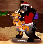 anthro breeder dominant duo male male/male musclegut muscular pregnant pregnant_male reindeer_costume size_difference slightly_chubby slightly_chubby_male stable miniborkerarts breeding_season mythology goldy_(golden.dragon) dragon equid equine horse mammal mythological_creature mythological_scalie scalie