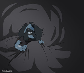 bed black_body black_fur blue_body blue_fur bodily_fluids facial_markings fluffy fluffy_hair fur furniture hair hair_over_eye head_markings humanoid_hands male markings mask_(marking) medium_hair solo sweat sweaty_arms sweaty_face tired tired_eyes under_covers somesacredbird nintendo pokemon fan_character riolu_(somesacredbird) generation_4_pokemon pokemon_(species) riolu 2026 digital_drawing_(artwork) digital_media_(artwork) english_description hi_res
