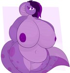 4_fingers anthro areola belly big_breasts breasts dark_hair female fingers genitals hair huge_breasts hyper hyper_breasts nipples non-mammal_breasts non-mammal_nipples overweight overweight_female purple_areola purple_body purple_eyes purple_hair purple_nipples purple_scales pussy scales simple_background slightly_chubby slightly_chubby_female solo spots thick_thighs toony ventral_scales white_background raccoonuki cobra reptile scalie snake absurd_res hi_res