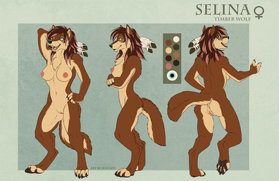 anthro anus biped breasts brown_hair butt feathers female genitals hair nipples nude pose simple_background smile solo teeth turnaround vulva ifus selina_zifer canid canine canis mammal wolf 2015 dated digital_media_(artwork) model_sheet