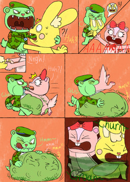 4_fingers abdominal_bulge anthro anthro_pred anthro_prey army_uniform belly_rub beret bodily_fluids bow_(feature) buckteeth bunny_slippers camo churn clothing color_coded_text cotton_tail dog_tags eyelashes female female_anthro female_prey fingers fur fur_markings hat head_tuft headgear headwear heart_nose heart_symbol internal long_ears male male_anthro male_pred male_prey markings open_mouth oral_vore orange_background prey_imprint rosy_cheeks rubbing_own_belly saliva screaming scut_tail sharp_teeth short_tail simple_background slosh sloshing_belly soft_vore stomach_acid struggling struggling_prey tail tail_motion tailwag teeth tuft vore yellow_eyes nikko-kai-cutie happy_tree_friends cuddles_(htf) flippy_(htf) fliqpy_(htf) giggles_(htf) bear chipmunk ground_squirrel lagomorph leporid mammal rabbit rodent sciurid 2020 absurd_res comic hi_res