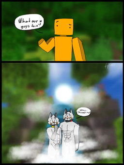anthro anthrofied bathing group male male/male nude showering hrkc microsoft minecraft mojang xbox_game_studios canid canine canis mammal pale_wolf_(minecraft) wolf wolf_(minecraft) 3:4 hi_res