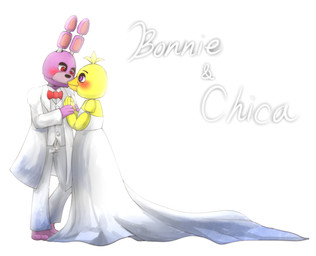 ambiguous_gender anthro blush bow_tie clothing dress duo eye_contact hand_holding head_tuft looking_at_another looking_down looking_up machine multicolored_body purple_body purple_eyes red_eyes romantic romantic_ambiance romantic_couple text tuft yellow_body ill825_(artist) five_nights_at_freddy's scottgames bonnie_(fnaf) chica_(fnaf) animatronic avian bird chicken galliform lagomorph leporid mammal phasianid rabbit robot 2015 english_text