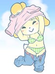 anthro bottomwear cheek_blush clothing denim denim_bottomwear denim_clothing female fur jeans navel pants short_tail smile solo swimwear tail undressing yellow_body yellow_fur rakugaken animal_crossing nintendo isabelle_(animal_crossing) canid canine canis domestic_dog mammal shih_tzu toy_dog 3:4 hi_res