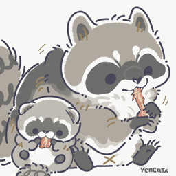 black_eyes black_nose chibi dot_eyes duo eating feral food grey_body navel simple_eyes sitting slightly_chubby white_body x_navel yencatx mammal procyonid raccoon 1:1 2022