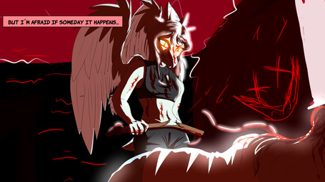 anthro axe biped black_bottomwear black_clothing black_crop_top black_pants black_shirt black_topwear blood blood_on_body bodily_fluids bottomwear breasts clothed clothed_anthro clothed_female clothing crop_top duo elbow_feathers feathered_wings feathers female front_view glowing glowing_eyes grey_body grey_feathers grey_hair hair holding_axe holding_object long_hair looking_at_another looking_down lying medium_breasts midriff navel non-mammal_breasts non-mammal_navel on_front orange_eyes pants shirt standing text topwear white_clothing white_shirt white_topwear wings fuegosonic93 goodbye_volcano_high ko_op_(game_developer) fang_(gvh) stella_(gvh_beta) dinosaur ornithischian prehistoric_species pterosaur reptile scalie stegosaurian stegosaurus thyreophoran 16:9 4k absurd_res colored comic english_text hi_res red_theme shaded widescreen