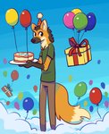 anthro arm_tuft balloon birthday birthday_cake blue_sky bottomwear bow_(feature) bow_ribbon box brown_body brown_fur cake cake_writing clothed clothing cloud container dessert dipstick_tail elbow_tuft facial_markings food fur fur_markings gift gift_bow gift_box gloves_(marking) happy_birthday hat head_markings headgear headwear holding_cake holding_food holding_object inflatable inner_ear_fluff male markings multicolored_tail muzzle_(marking) neck_tuft orange_body orange_fur pants party_hat pattern_clothing pattern_hat pattern_headgear pattern_headwear pom_hat shirt sky snout snout_markings solo spots spotted_clothing spotted_hat spotted_headgear spotted_headwear t-shirt tail tail_markings tall topwear tuft white_body white_fur fuel_(artist) lucas_(manedwolf) canid canine mammal maned_wolf 2020 hi_res