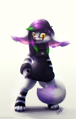 anthro black_clothing black_legwear black_topwear cheek_tuft clothed clothing ear_piercing ear_ring facial_markings facial_tuft fangs female front_view fur glistening glistening_eyes green_hair hair head_markings jewelry leg_tuft legwear looking_at_viewer markings multicolored_hair necklace orange_eyes pattern_clothing pattern_legwear piercing pink_inner_ear purple_hair purple_nose ring_piercing simple_background solo standing striped_clothing striped_legwear stripes teeth topwear tuft two_tone_hair white_background white_body white_clothing white_fur white_legwear white_topwear mylafox mylafox_(character) arctic_fox canid canine felid feline fennec_fox fox hybrid lynx mammal true_fox 2015 dated full-length_portrait portrait signature